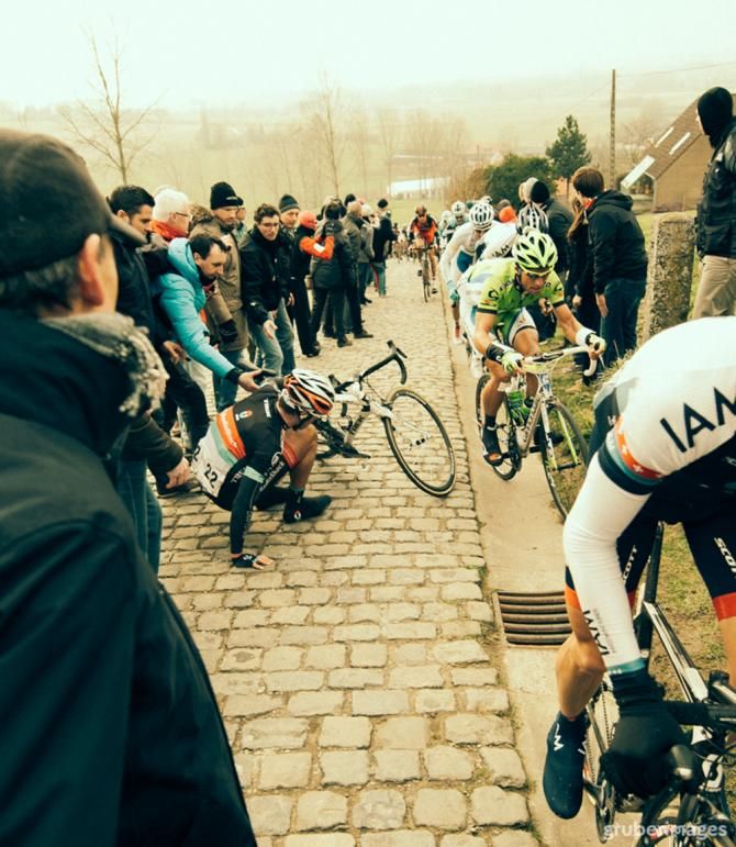 A RadioShack rider takes a tumble in E3 Harelbeke