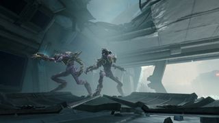 Metroid Prime 4: Beyond screenshot showing two Space Pirates getting ready for battle in an alien world