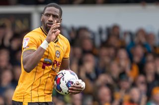 Omar Bogle of Newport County celebrates scoring during the Sky Bet League Two match between Newport County and Crewe Alexandra at Rodney Parade on May 08, 2023 in Newport, Wales. (Photo by Athena Pictures/Getty Images)