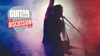 A silhouette of a guitar player on stage with the 'Guitar World Discussion' badge overlaid