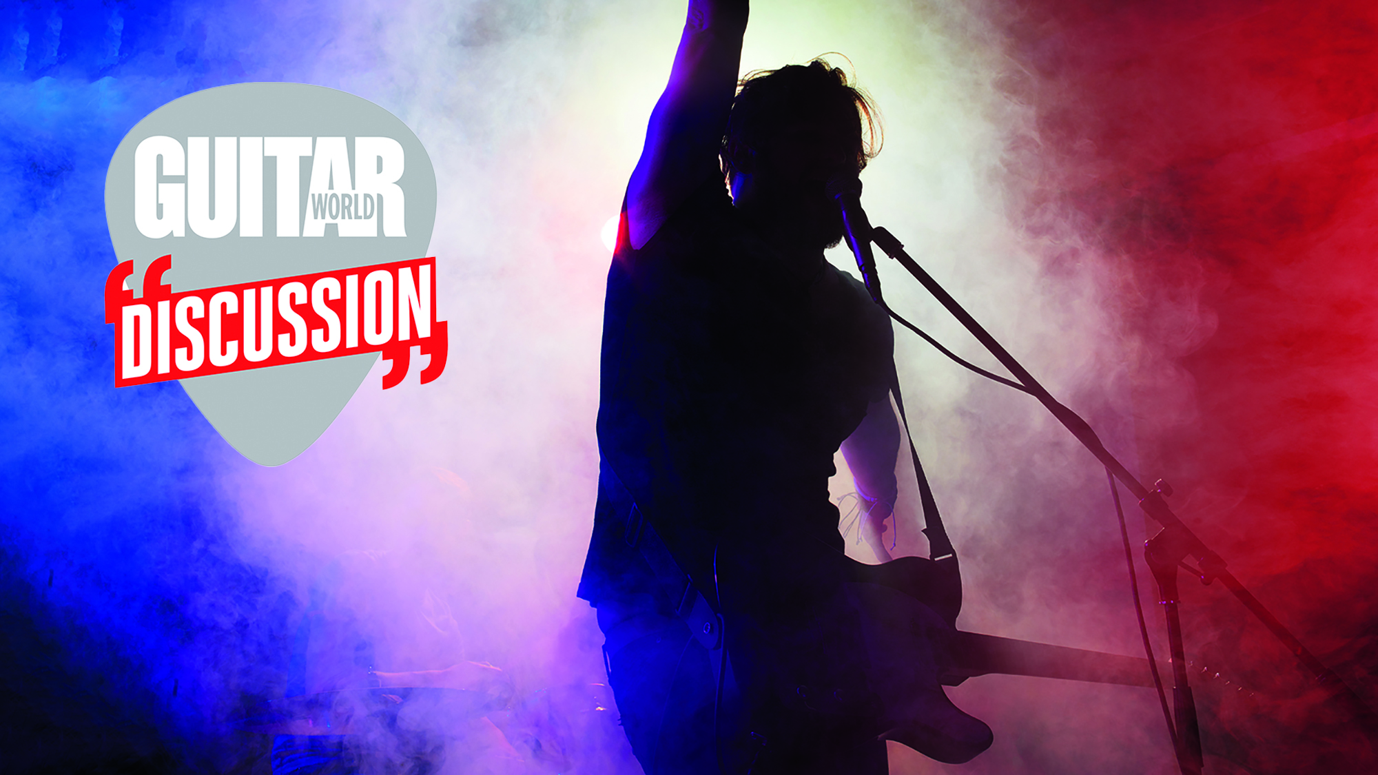 A silhouette of a guitar player on stage with the 'Guitar World Discussion' badge overlaid