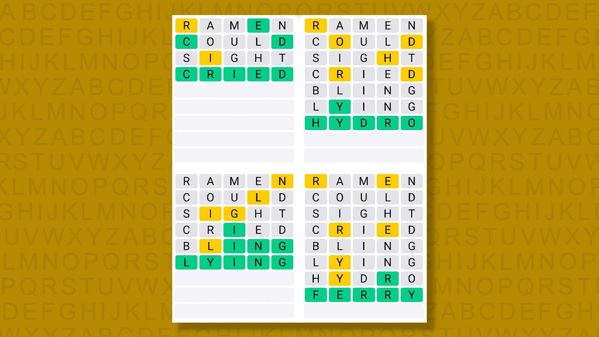 Quordle answers for game 1342 on a yellow background
