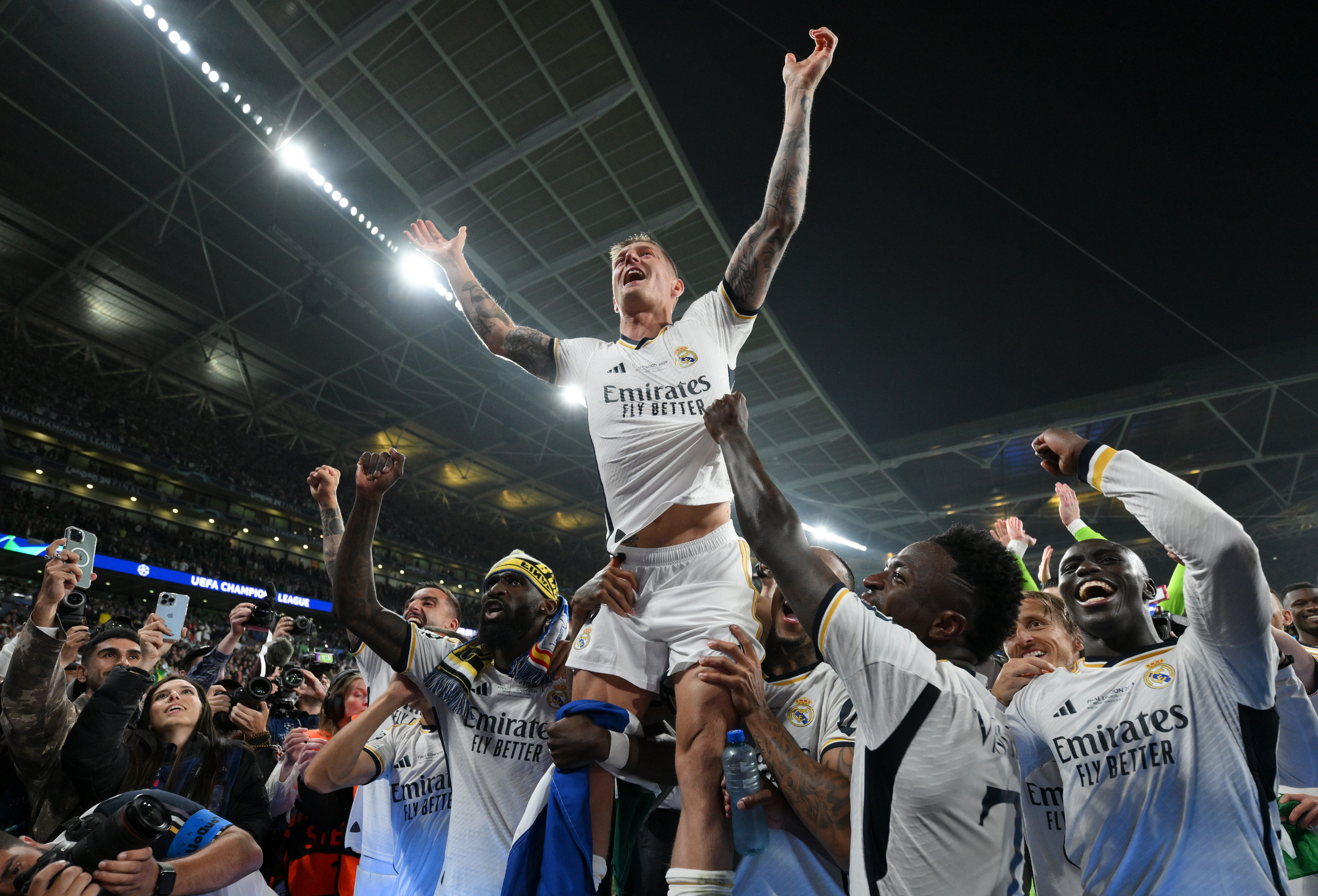 Toni Kroos celebrates in front of the Real Madrid fans following their Champions League final win over Borussia Dortmund at Wembley in his last ever appearance for the club.