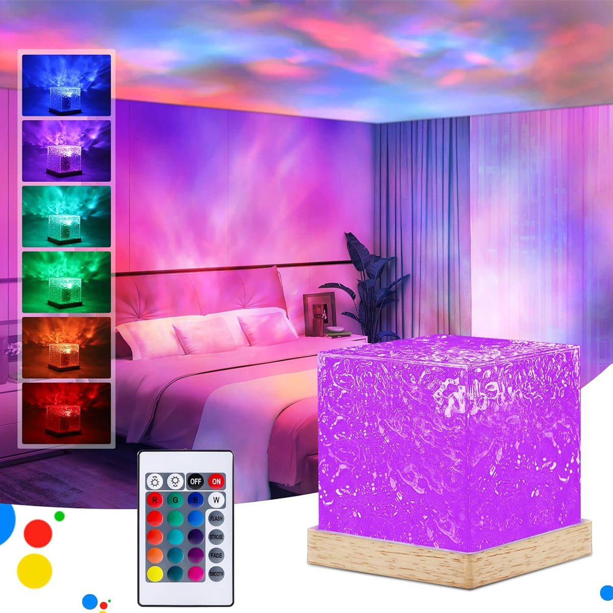 A purple cube on a wooden base with a curvy acrylic cover is next to a remote controller with loads of colored buttons on in front of a well-light bedroom.