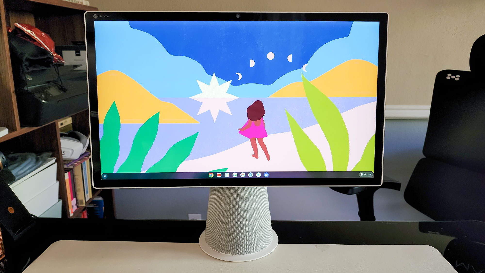 HP Chromebase All-in-One 22 on a table standing next to your keyboard and mouse
