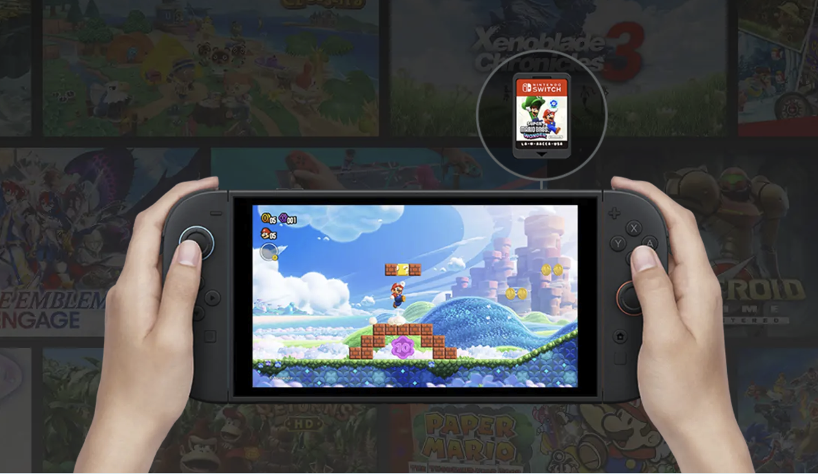 an image of the Nintendo Switch 2 in the hands and running a Mario game