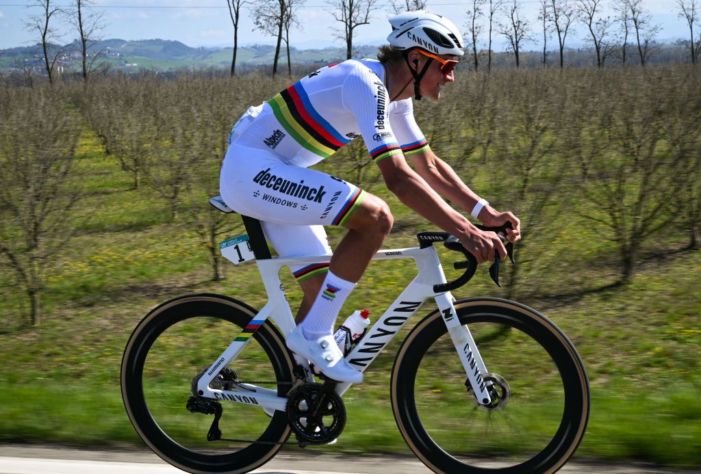 Alpecin-Deceuninck's Dutch rider Mathieu Van der Poel cycles during the 115th Milan-SanRemo one-day classic cycling race, between Pavia and SanRemo, on March 16, 2024. (Photo by Marco BERTORELLO / AFP)