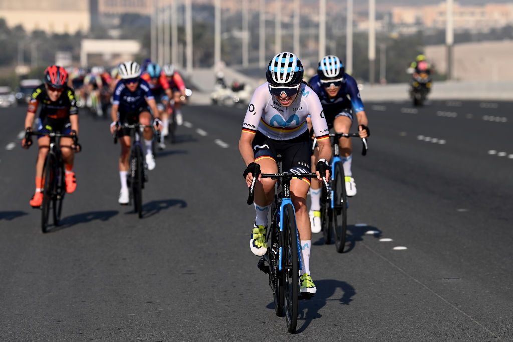 ABU DHABI UNITED ARAB EMIRATES FEBRUARY 12 Liane Lippert of Germany and Movistar Team attacks in the breakaway during the 1st UAE Tour Women 2023 Stage 4 a 119km stage from Fatima Bint Mubarak Ladies Sports Academy to Abu Dhabi Breakwater UAETourWomen UCIWWT on February 12 2023 in Abu Dhabi United Arab Emirates Photo by Tim de WaeleGetty Images