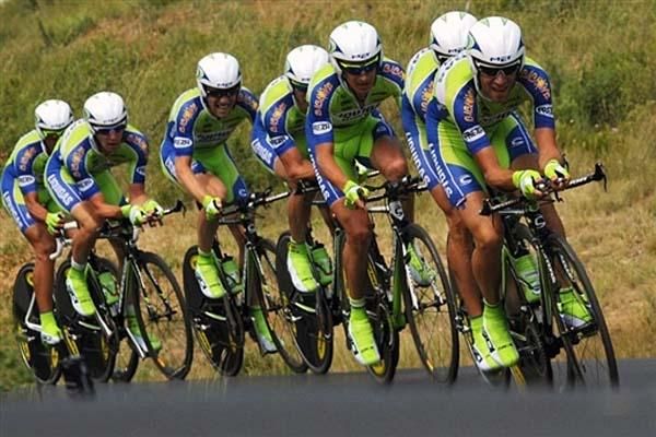 Team Liquigas races the team time trial at the Tour de France.