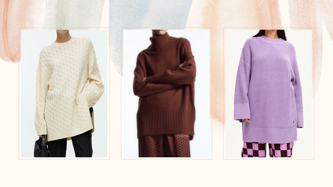 three models wearing the best oversized jumpers from Arket/Cos/Lucy &amp; Yak