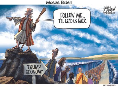 Political Cartoon U.S. Moses Joe Biden Trump economy follow me