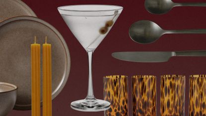 Collage of Martini Glass, Flatware, Taper Candles, and Dishware