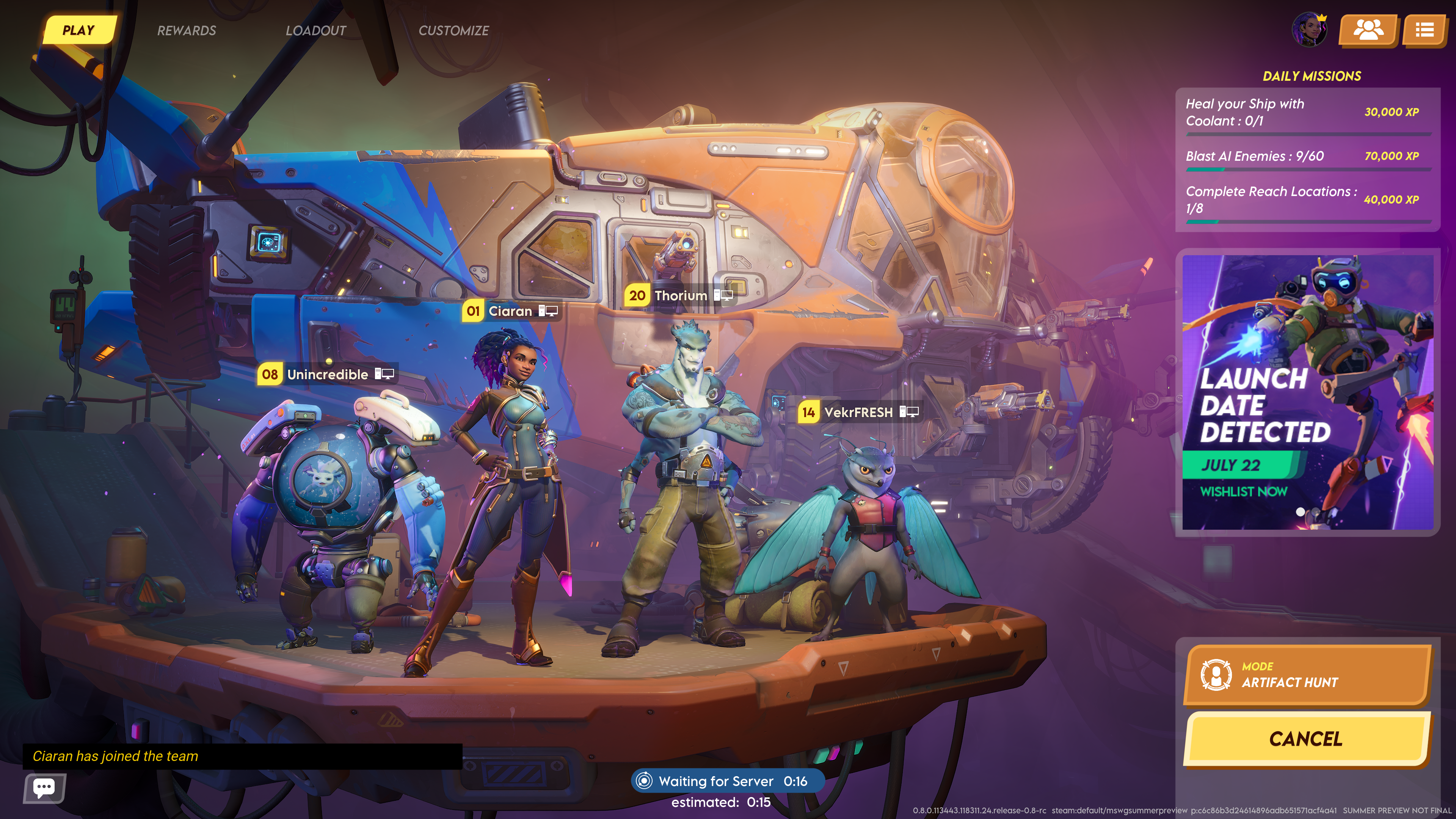 A lineup of characters from Wildgate. A short robot with a fishtank as a body stands next to a girl with dark and purple hair. On her right is a blue alien man and a small bird-like creature. Behind them is a blue and orange ship with signs of wear.