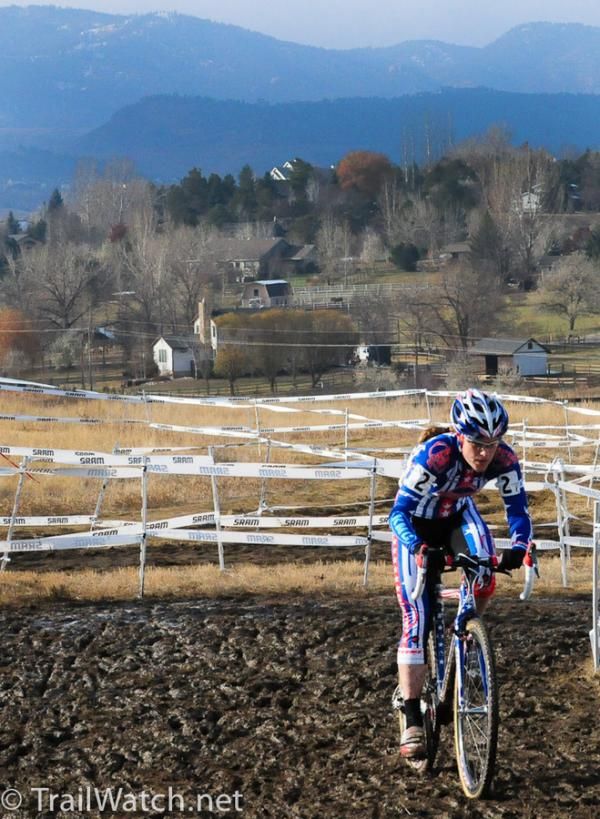 Katie Compton (Planet Bike) crossing one of the muddier sections of the course.
