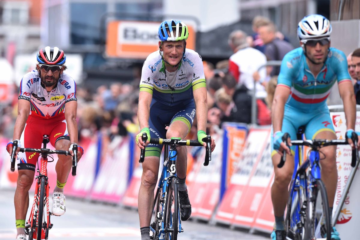 Vincenzo Nibali (Astana), Pieter Weening (Orica-GreenEdge) and Giampaolo Caruso (Katusha) cross the line together
