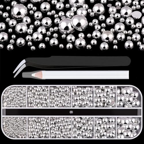 Belleboost Silver Nail Charms and Gems, Half Round Flatback Pearl Nail Charms, Nail Pearls Rhinestones Kit Silver Beads for Nails With Pencil and Tweezer for Diy Nail Art, Face Makeup and Crafting