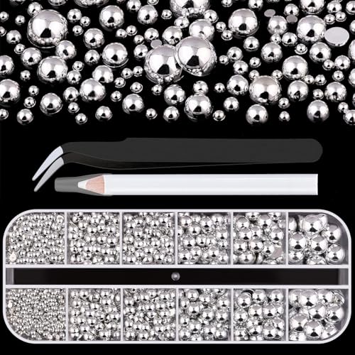 Belleboost Silver Nail Charms and Gems, Half Round Flatback Pearl Nail Charms, Nail Pearls Rhinestones Kit Silver Beads for Nails With Pencil and Tweezer for Diy Nail Art, Face Makeup and Crafting