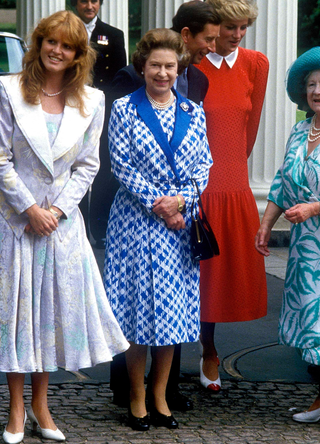 Queen Elizabeth The Queen Mother, Queen Elizabeth II, Prince Charles, Prince of Wales, Prince Andrew, Duke of York, Princess Margaret, Princess Diana, Sarah Ferguson, 1990