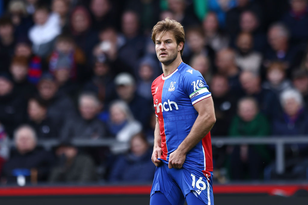 Joachim Andersen of Crystal Palace is playing during the Premier League match between Crystal Palace and West Ham United at Selhurst Park in London, on April 21, 2024. (Photo by MI News/NurPhoto via Getty Images)