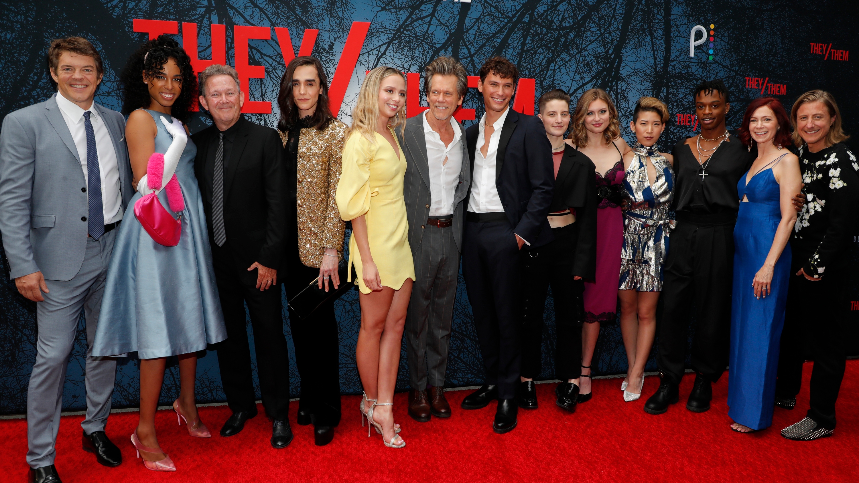 They/Them Premiere Event on July 27, 2022, at Studio 525 in New York City -- Pictured: (l-r) Jason Blum, CEO Blumhouse; Quei Tann, John Logan, Writer/Director/EP; Darwin Del Fabro, Anna Lore, Kevin Bacon, Cooper Koch, Theo Germaine, Hayley Griffith, Monique Kim, Austin Crute, Carrie Preston, Scott Turner Schofield,