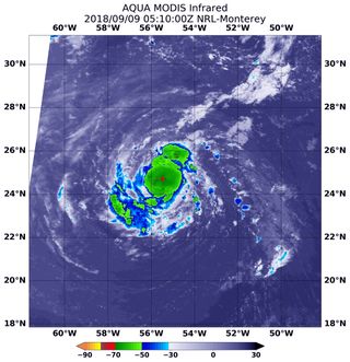 NASA's Aqua satellite captured this infrared image of Hurricane Florence on Sept. 9, 2018, at 1:10 a.m. EDT (0510 UTC) using the Moderate Resolution Imaging Spectroradiometer (MODIS) instrument.