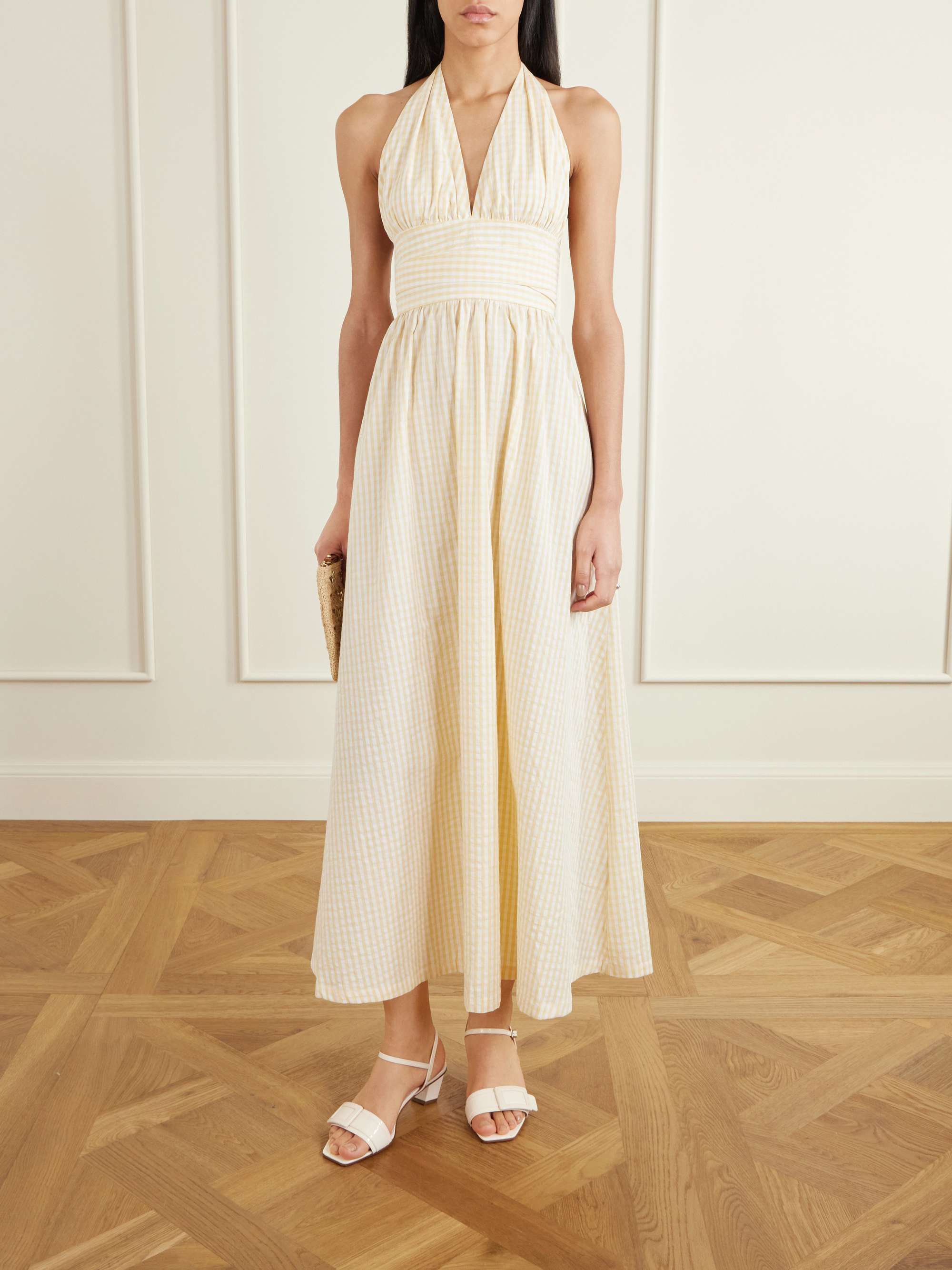 Lido Gathered Checked Cotton Halterneck Maxi Dress