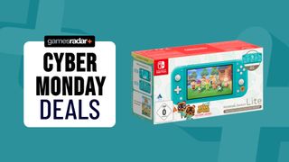 Nintendo Switch Lite on a blue background with Cyber Monday badge