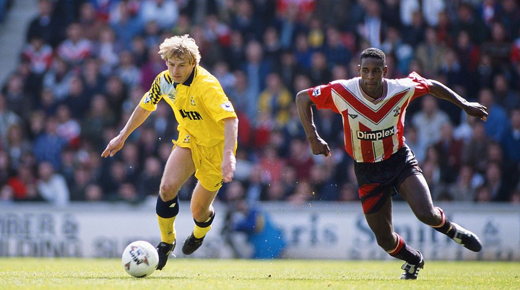 Best Tottenham retro shirts 2022: Spurs striker Jurgen Klinsmann (l) outpaces Ken Monkou during the FA Premiership match between Southampton and Tottenham Hotspur at the Dell on April 2, 1995 in Southampton, England. 