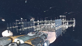 A swarm of ships attack a space station in Starfield.