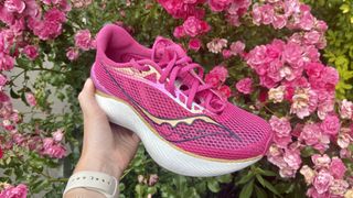 Saucony Endorphin Pro 3 in someone's hand in front of some flowers