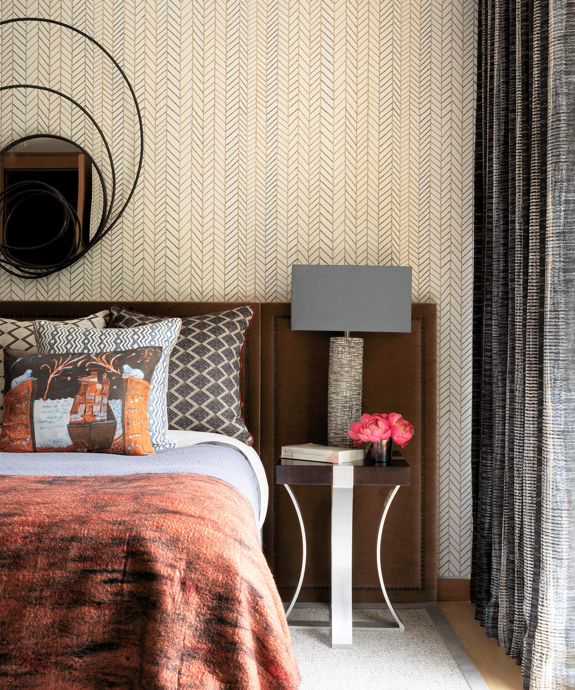 Bedroom with herringbone wallpaper