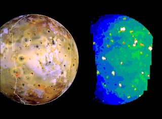 Galileo spacecraft observations: a three-color global scale view of Io obtained on 3 July 1999 (Orbit 21) with a resolution of 1.3 km per pixel is shown on the left. The corresponding infrared image on the right was taken at 4.7 μm on October 16 2001 in daytime and has a spatial resolution of 30 km/pixel obtained . The near infrared picture shows the active volcanoes glowing thermal radiation.