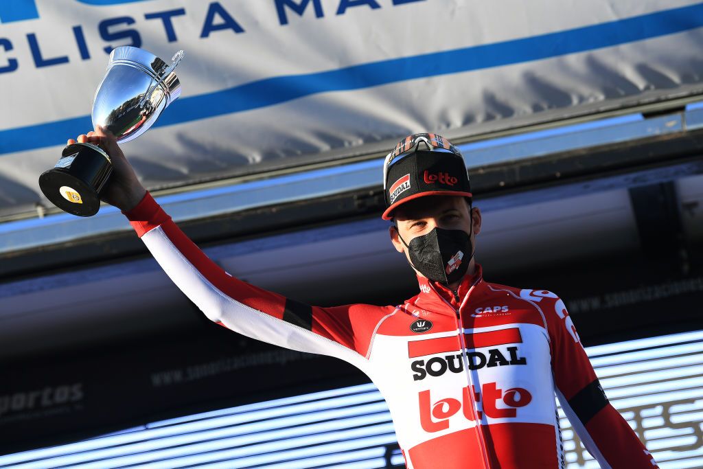 LLOSETA SPAIN JANUARY 28 Tim Wellens of Belgium and Team Lotto Soudal celebrates at podium as race winner during the 31st Challenge Ciclista Mallorca 2022 Trofeo Serra De Tramuntana a 1589km race from Lloseta to Lloseta ChallengeMallorca on January 28 2022 in Lloseta Spain Photo by Tim de WaeleGetty Images