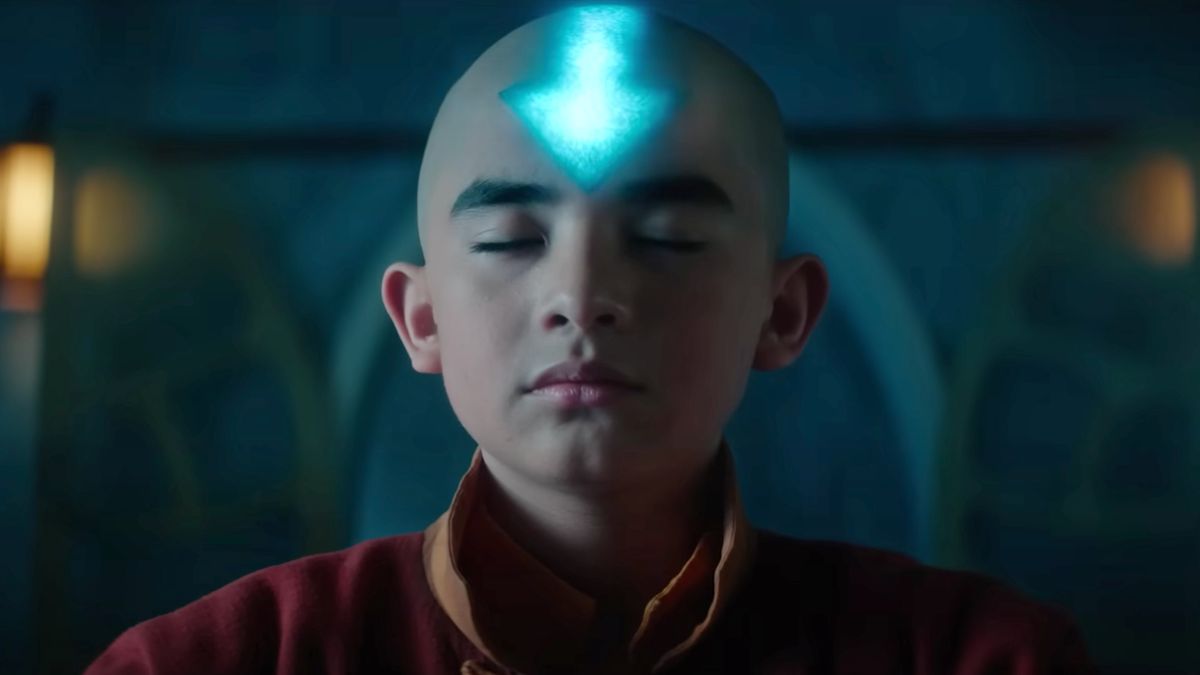 Aang&#039;s forehead glows as he concentrates, in a still from Avatar The Last Airbender on Netflix