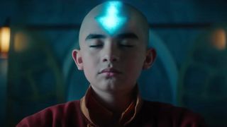Aang's forehead glows as he concentrates, in a still from Avatar The Last Airbender on Netflix