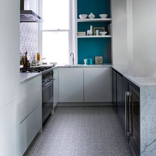 Small blue kitchen with vinyl floor