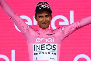 TORINO ITALY MAY 04 Jhonatan Narvaez of Ecuador and Team INEOS Grenadiers celebrates at podium as Pink Leader Jersey winner during the 107th Giro dItalia 2024 Stage 1 a 140km stage from Venaria Reale to Torino UCIWT on May 04 2024 in Torino Italy Photo by Tim de WaeleGetty Images