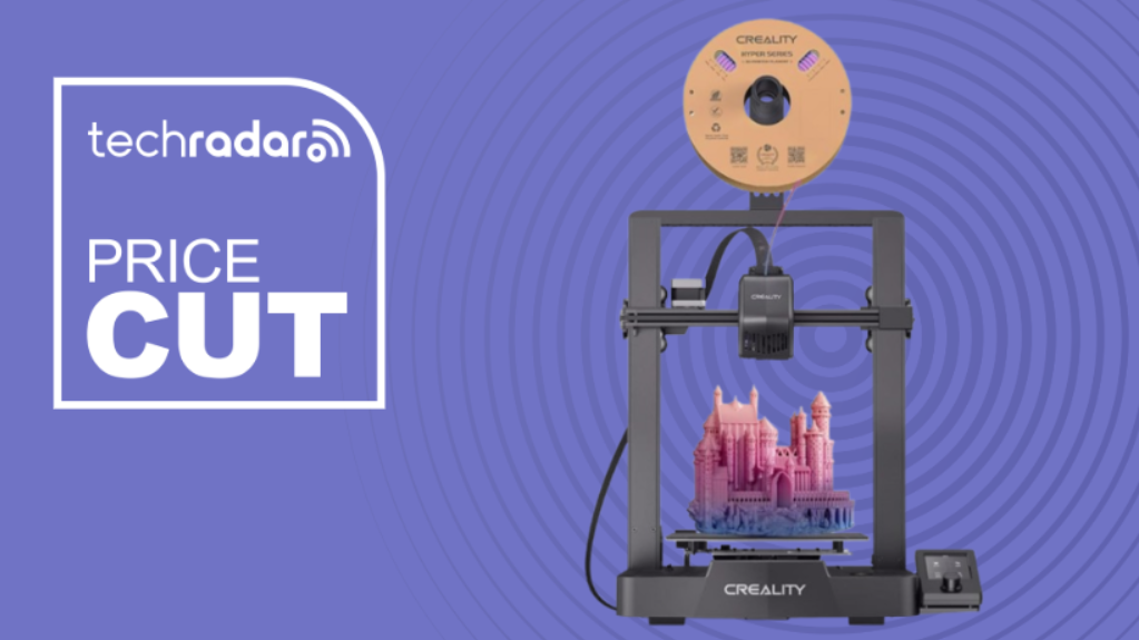 Creality Ender 3 V3 SE 3D Printer on a purple background next to a TechRadar badge that reads 'Price Cut'