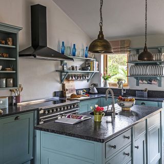 kitchen area with blue drawers and wall shelf