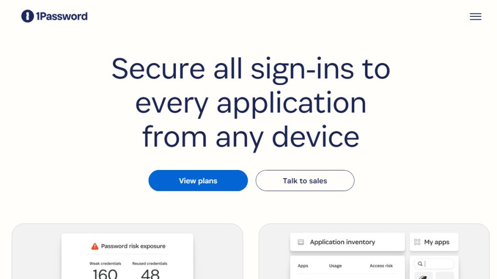 Website screenshot of 1Password (August, 2025)