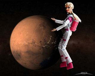 Mars Explorer Barbie floats freely in space, on her way to the Red Planet.