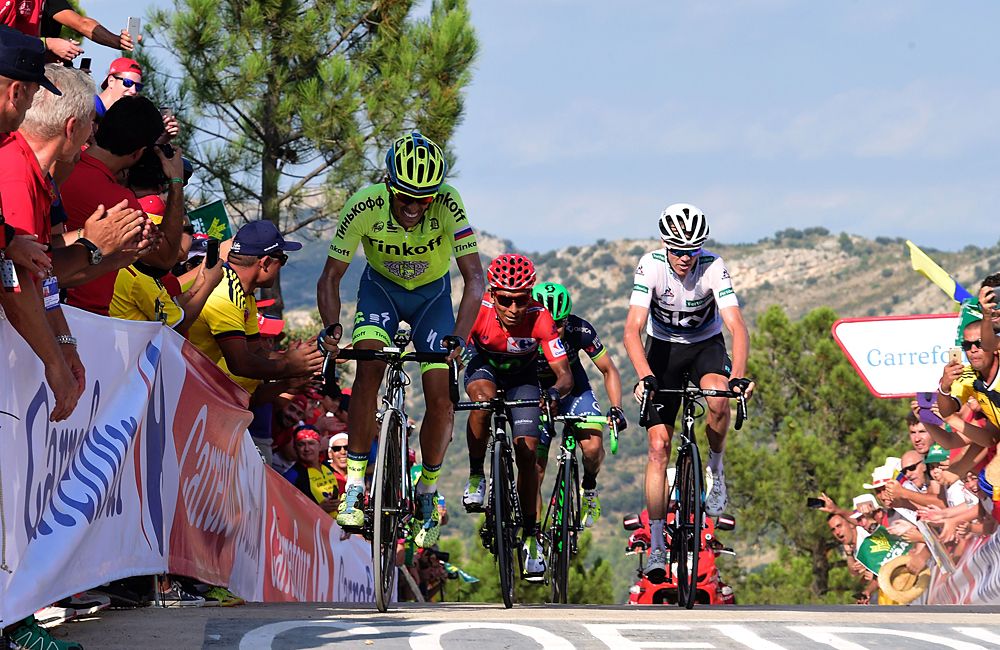 Alberto Contador (Tinkoff) launches an attack on the final climb of stage 17 at the Vuelta a Espana