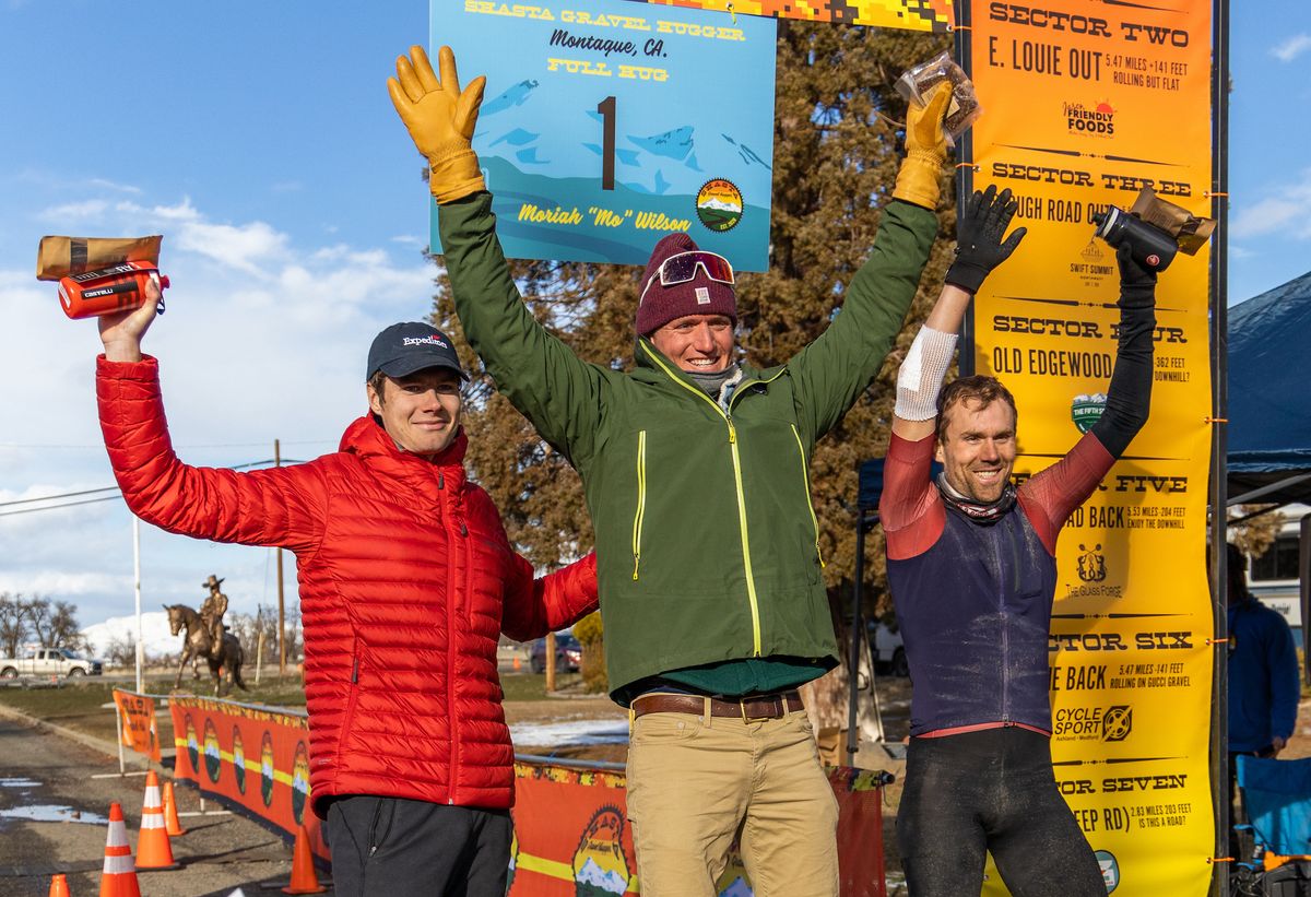 Open Men's podium - Champion Brennan Wertz (centre), second-placed Max Ritzow(left) and third-placed Nolan McPeek-Bechtold in his first gravel race