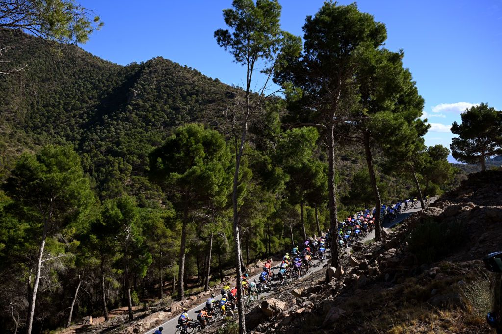 Peloton climbing to Collado Bermejo Cima Marco Pantani