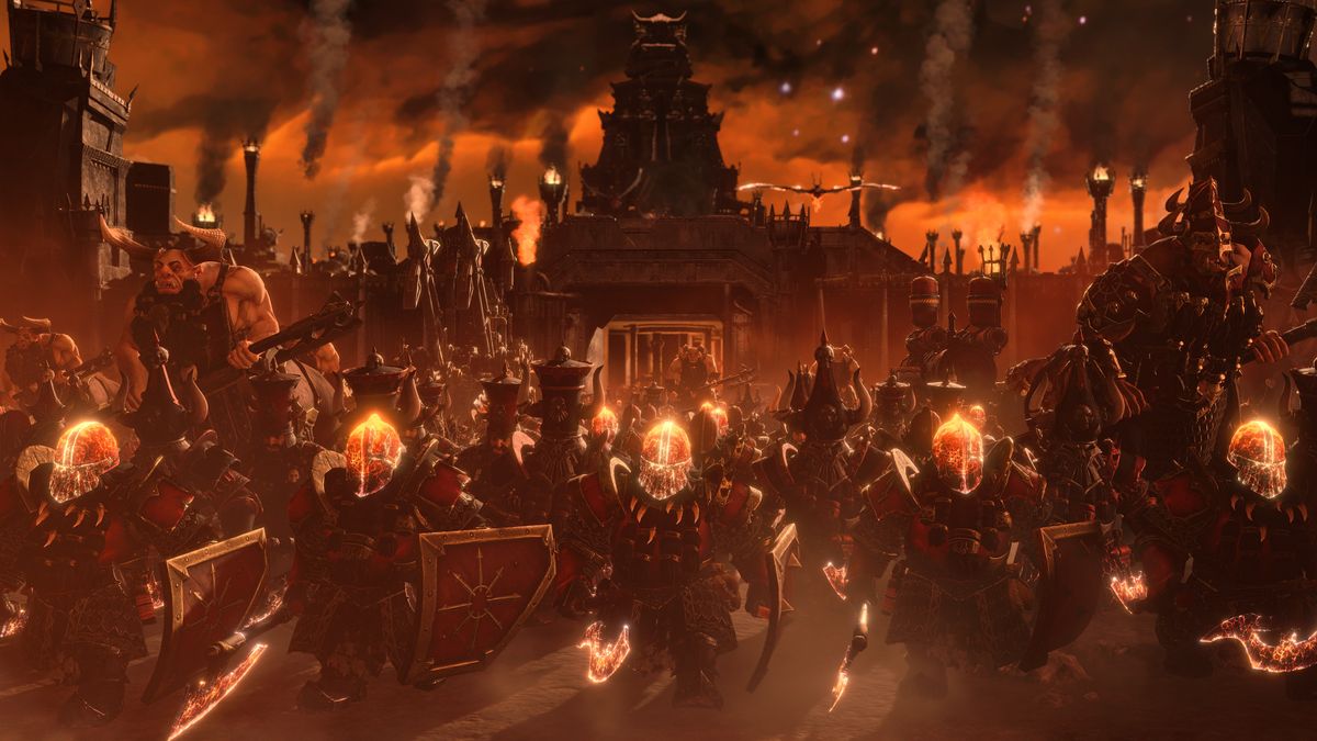 Total War: Warhammer 3 Forge of the Chaos Dwarfs army marching