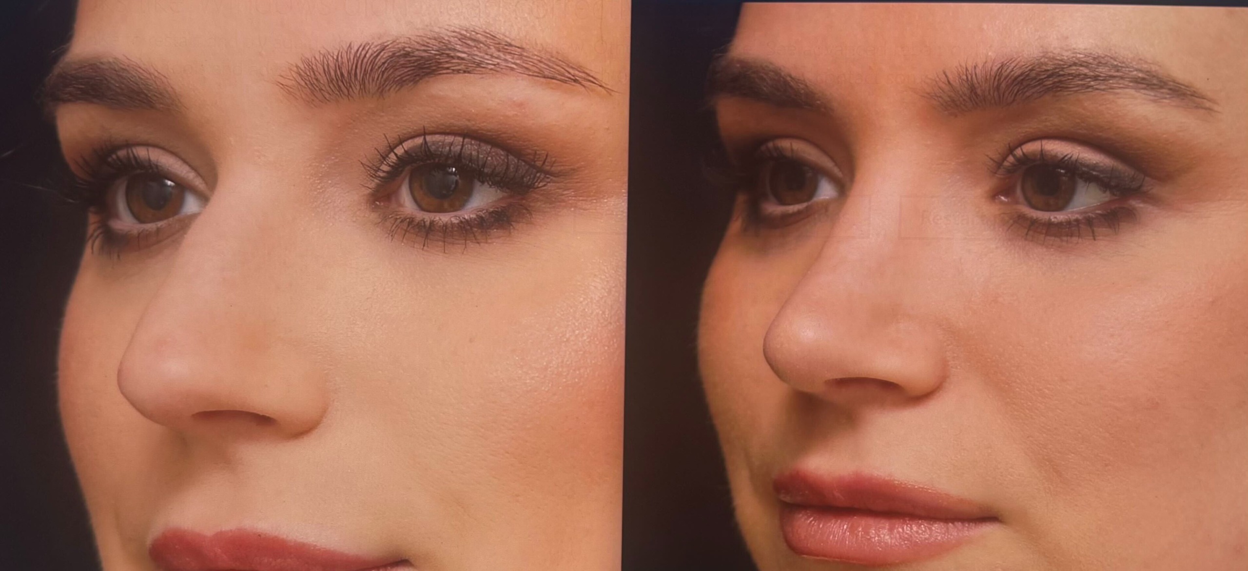 Side-by-side close-ups of my nose taken by Dr. Kolker, showing how my profile is taking shape as swelling continues to fluctuate during recovery.