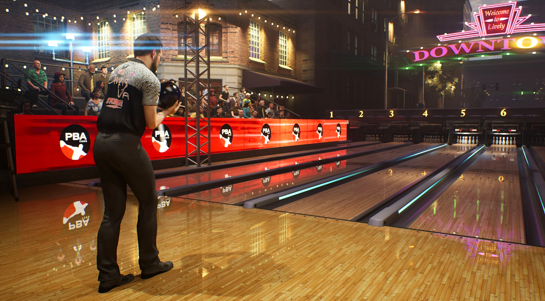 A promotional screenshot of PBA Pro Bowling 2026 on Xbox showing a man preparing to take a shot. 