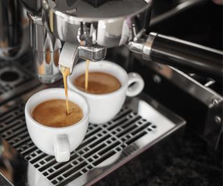 An espresso machine pulling a double shot of espresso