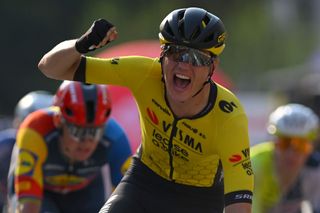 PRUDNIK POLAND AUGUST 15 Olav Kooij of The Netherlands and Team Team Visma Lease a Bike celebrates at finish line as stage winner during the 81st Tour de Pologne Stage 4 a 1953km stage from KudowaZdroj to Prudnik UCIWT on August 15 2024 in Prudnik Poland Photo by Luc ClaessenGetty Images