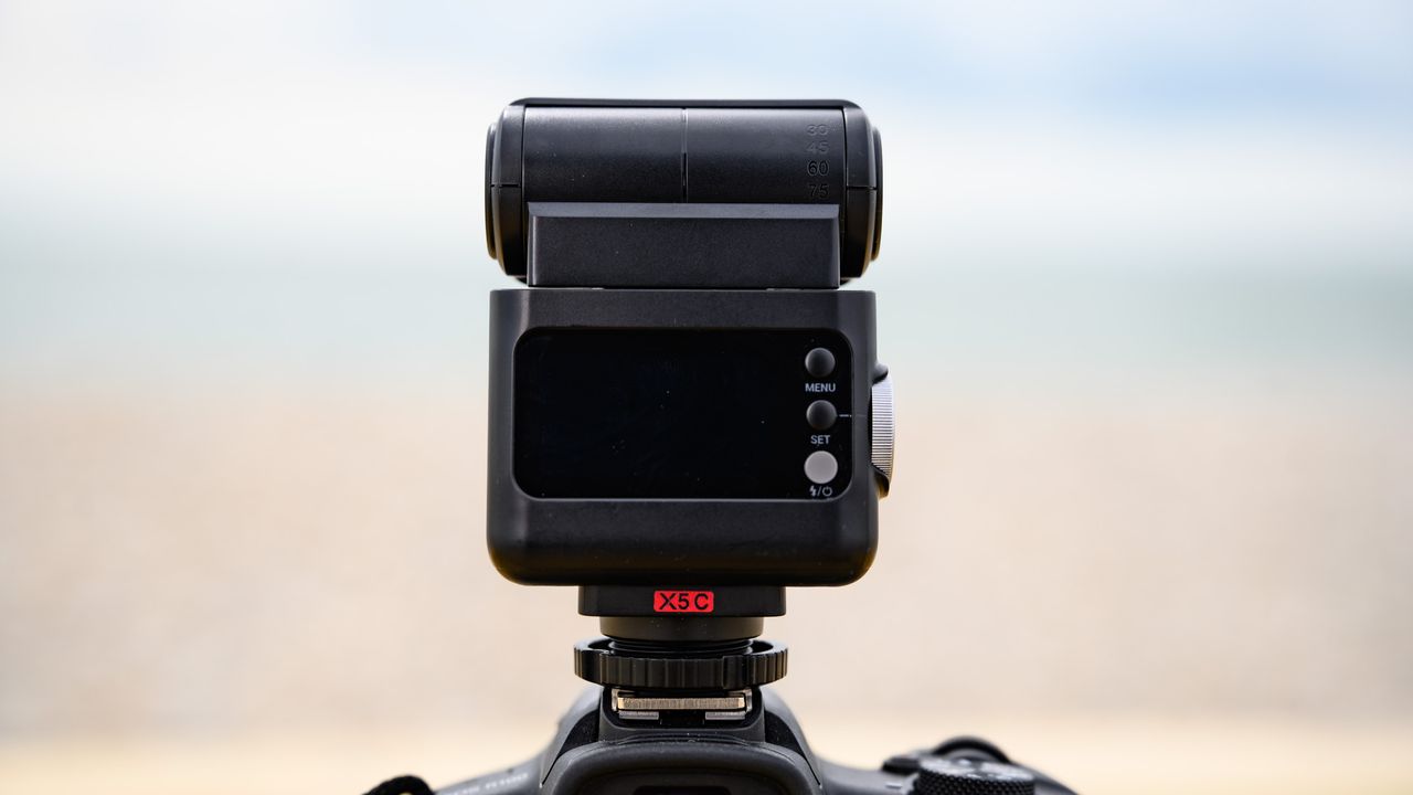 Closeup of the Godox iT32 camera flash and its rear display, the ocean is behind it